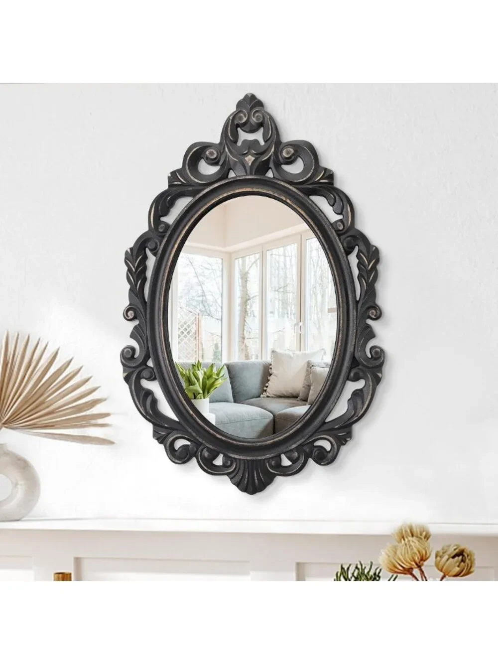 Vintage Black Oval Wooden Frame Wall Mirror - Baroque Style Decorative Antique